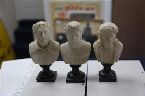 A set of six early 19th century Italian carved alabaster busts of artists and writers, height 8.25in.